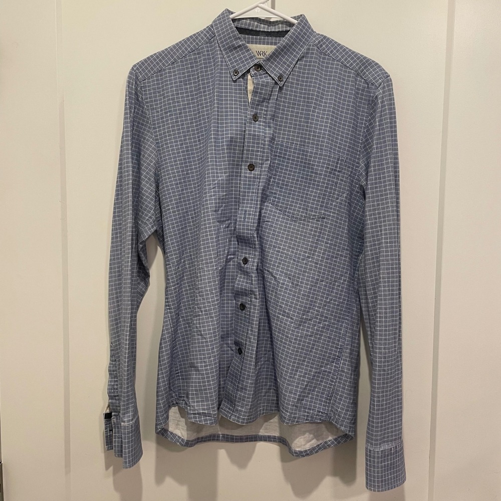 WRK The Reworked Shirt Mens M Blue White Grid Button Down Long Sleeve Cotton